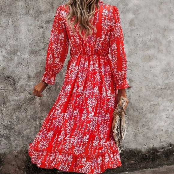 Red Floral Ditsy Ruffle Hem Dress Shabby Chic Cottagecore - Picture 3 of 5